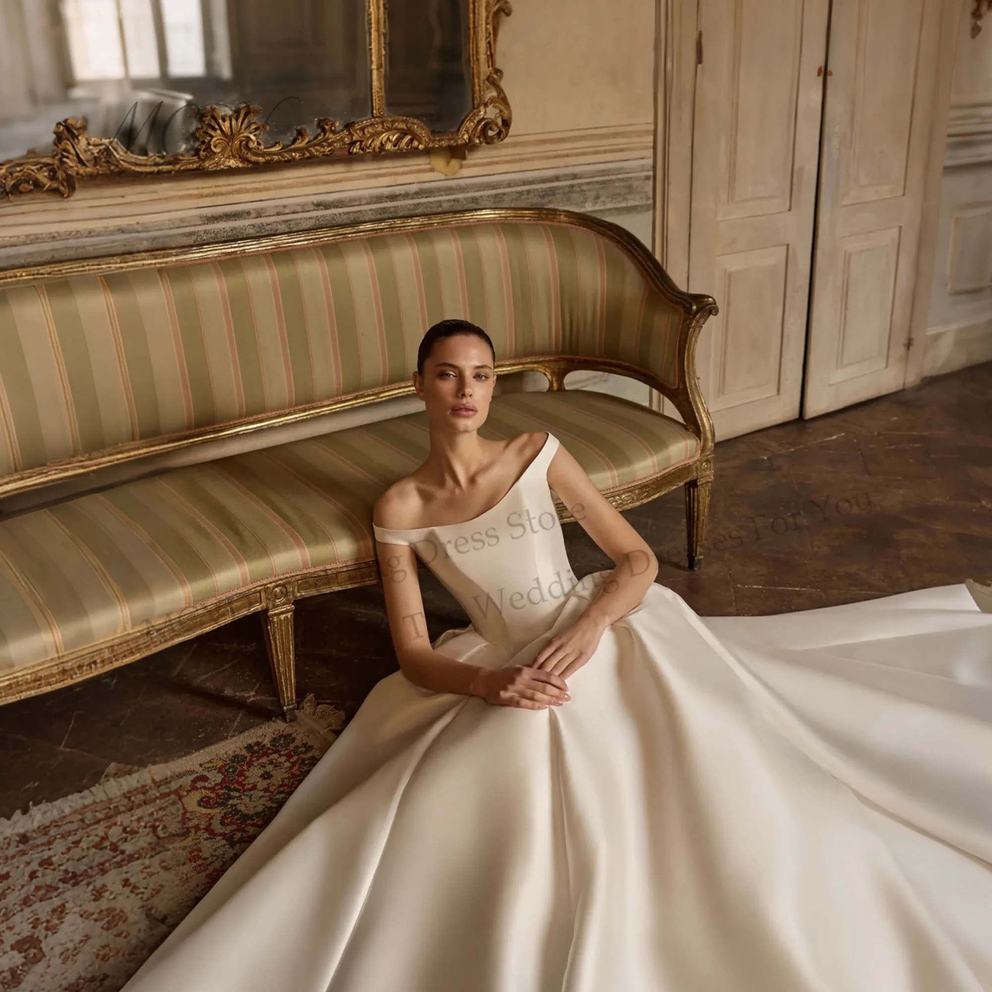 Minimalist Off Shoulder Satin Wedding Dress A Line Strapless Bridal Gowns With Button Vestido De Noiva Casamento Customized