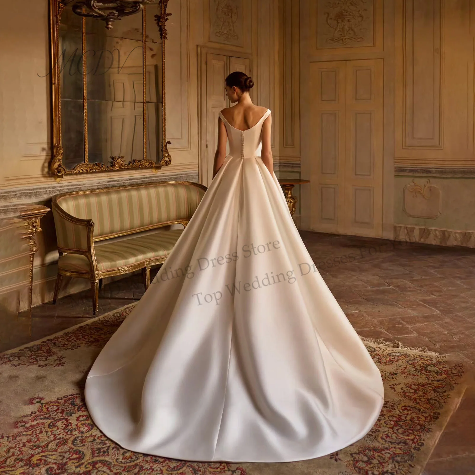 Minimalist Off Shoulder Satin Wedding Dress A Line Strapless Bridal Gowns With Button Vestido De Noiva Casamento Customized