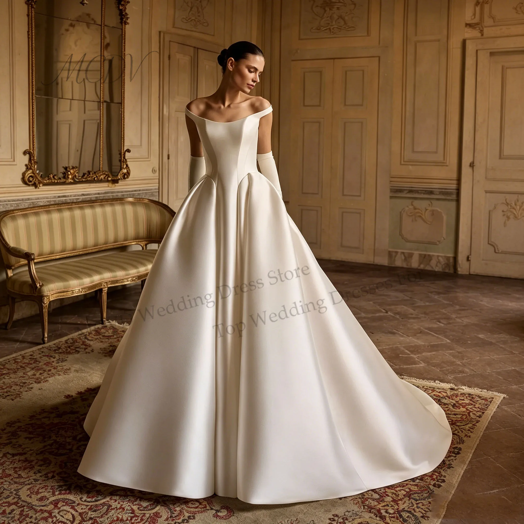 Minimalist Off Shoulder Satin Wedding Dress A Line Strapless Bridal Gowns With Button Vestido De Noiva Casamento Customized