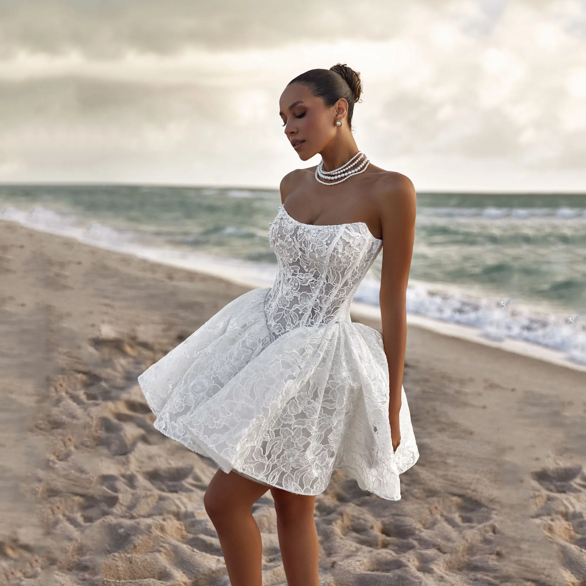 Lace Corset Mini Wedding Dresses For Woman Bridal A-LINE Strapless Sleeveless Appliques Backless Vestido De Novia Customized
