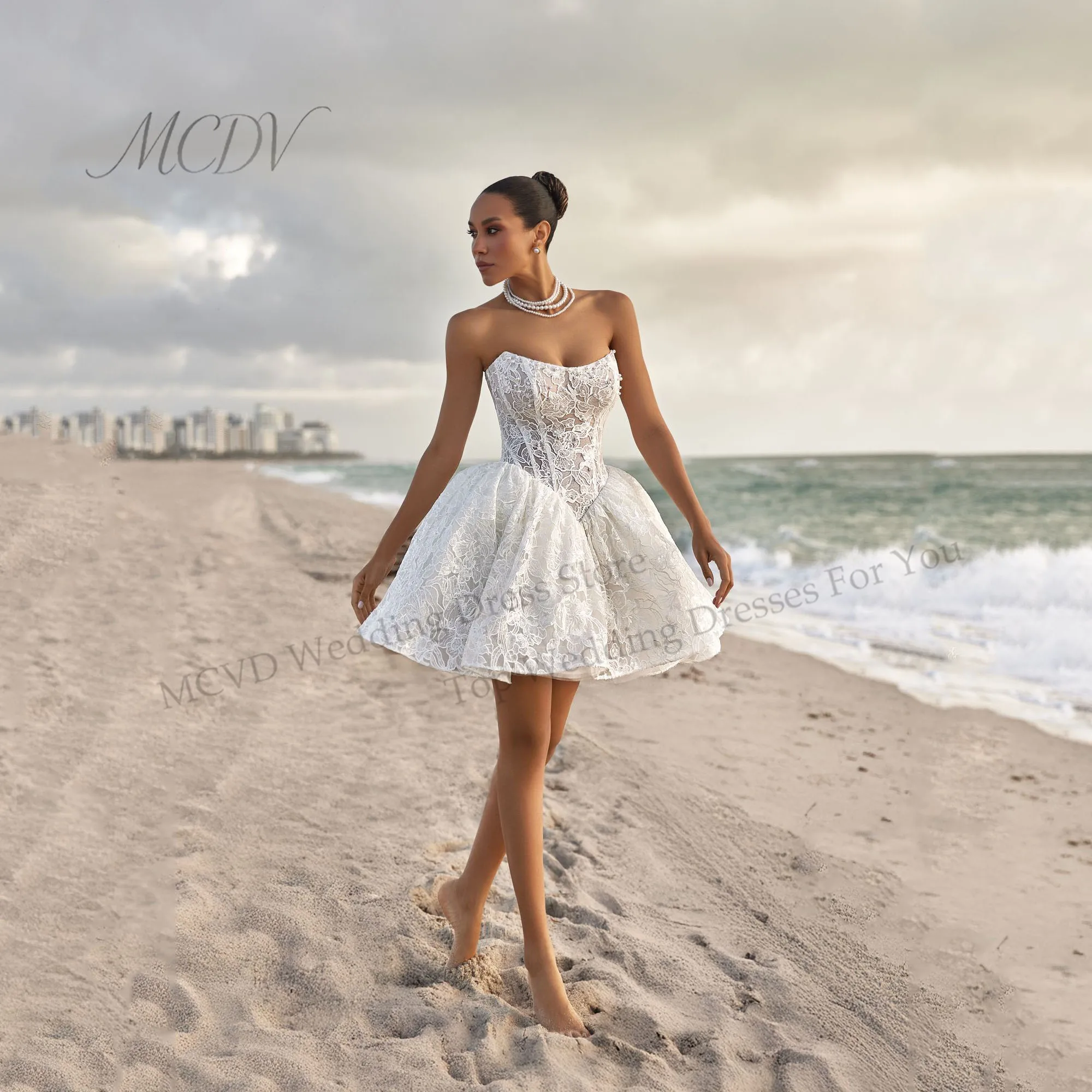 Lace Corset Mini Wedding Dresses For Woman Bridal A-LINE Strapless Sleeveless Appliques Backless Vestido De Novia Customized