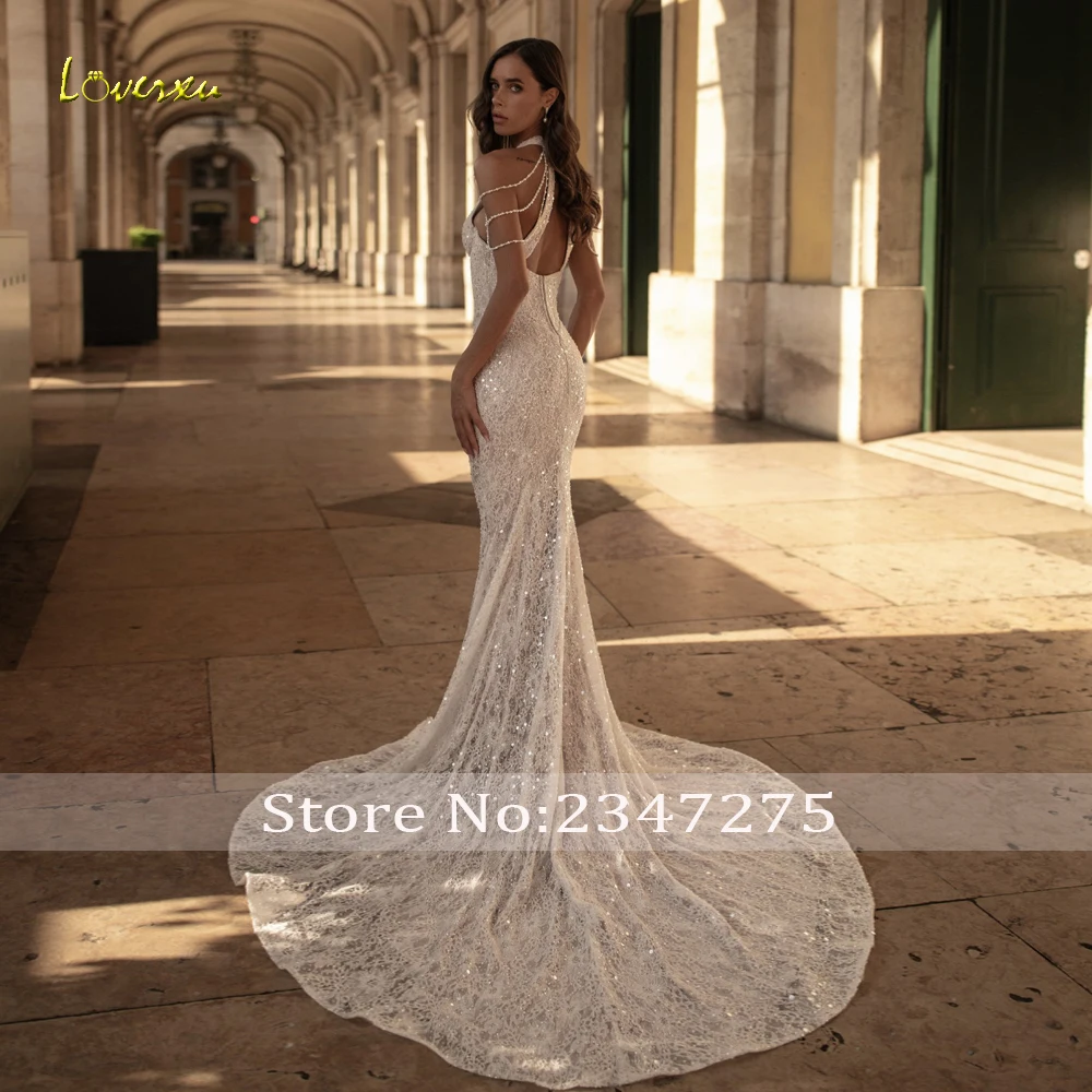 Loverxu Mermaid Wedding Dresses High Neck Exquisite Vestido De Novia Lace Embroidery 2 In 1 Glitter Custom Made Bridal Gown