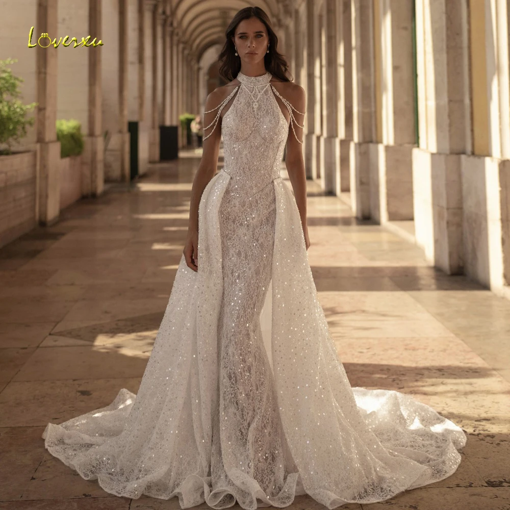Loverxu Mermaid Wedding Dresses High Neck Exquisite Vestido De Novia Lace Embroidery 2 In 1 Glitter Custom Made Bridal Gown