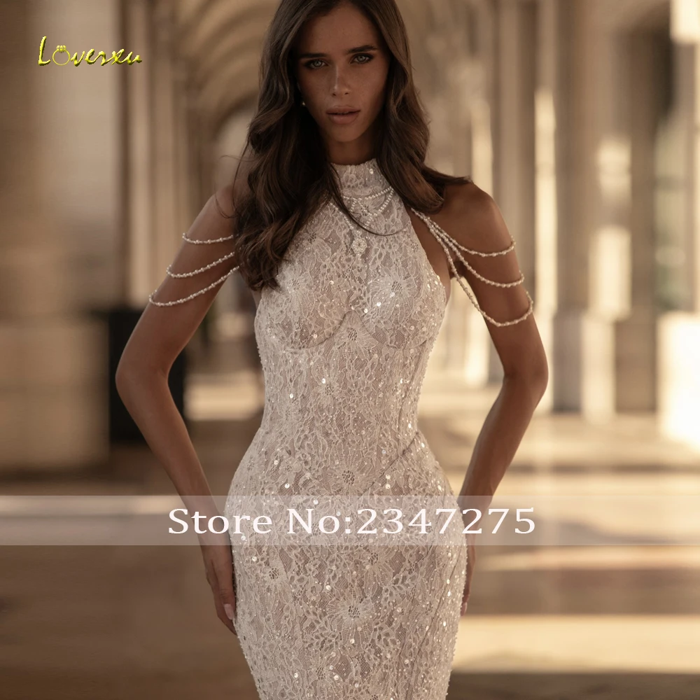 Loverxu Mermaid Wedding Dresses High Neck Exquisite Vestido De Novia Lace Embroidery 2 In 1 Glitter Custom Made Bridal Gown