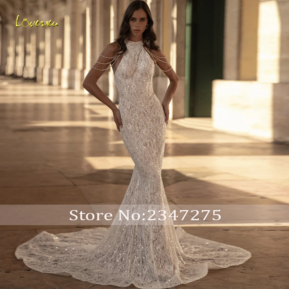 Loverxu Mermaid Wedding Dresses High Neck Exquisite Vestido De Novia Lace Embroidery 2 In 1 Glitter Custom Made Bridal Gown