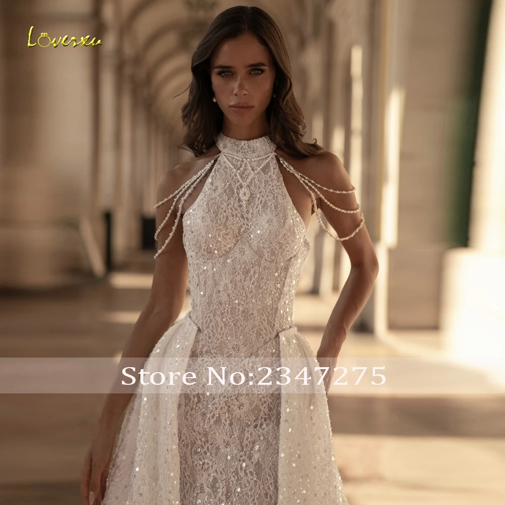 Loverxu Mermaid Wedding Dresses High Neck Exquisite Vestido De Novia Lace Embroidery 2 In 1 Glitter Custom Made Bridal Gown