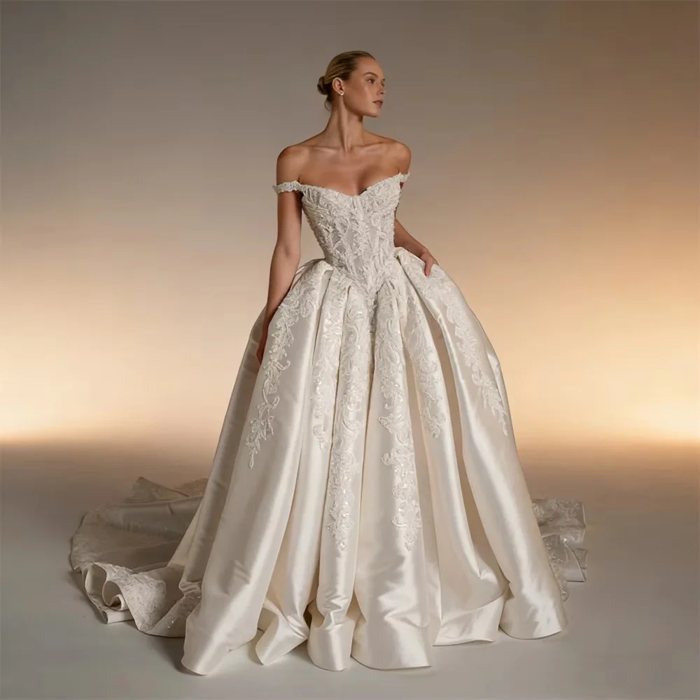 Customized Elegant Lace Applique Backless Corset Wedding Dresses For Women With Train Off The Shoulder Advanced Satin Bride Gown