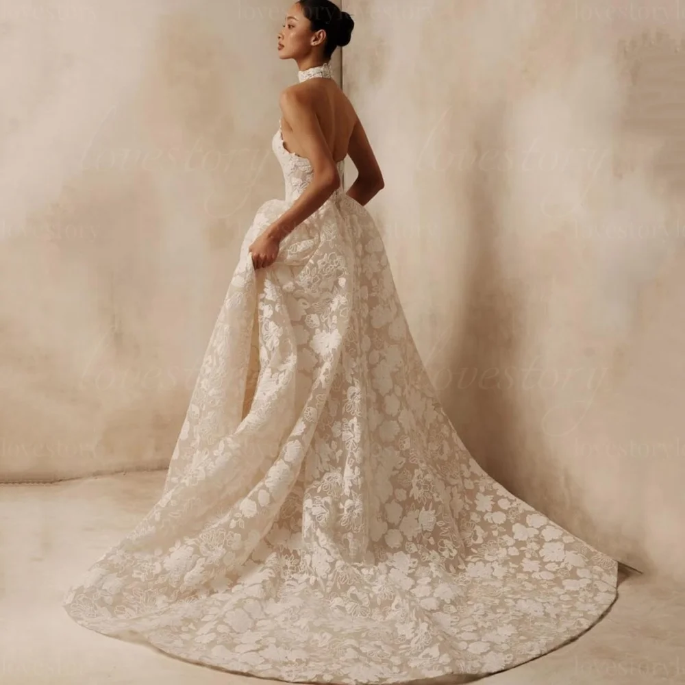 Lace Customized Halter Wedding Dresses A Line Halter Bridal Ball Gowns Luxury Back Lace Up Bride Robes Vestido De Novia