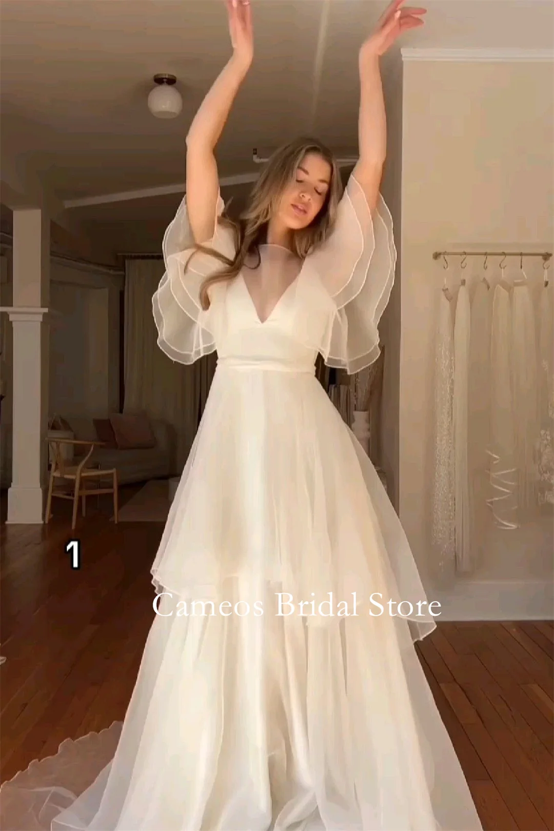 Cameos Fashion Korea Tiered Sleeves Organza Wedding Dresses V-Neck Floor Length Photo Shoot Corset Customized Bridal Gown