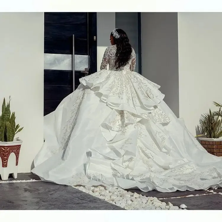 Gorgeousxx Sparkly Sequins Arabic Wedding Dress Long Sleeves African Bridal Gown Puffy Ruffles Dubai Robe De Mariage Customized
