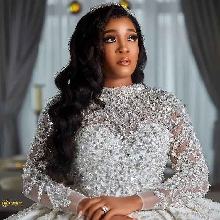Gorgeousxx Sparkly Sequins Arabic Wedding Dress Long Sleeves African Bridal Gown Puffy Ruffles Dubai Robe De Mariage Customized