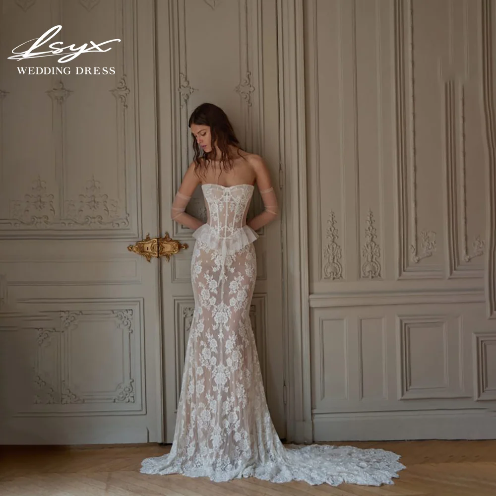LSYX Strapless Lace Illuison Corset Wedding Dresses Ruffled Peplum Waist Sheer Gloves Mermaid Silhouette Long Train Bridal Gown