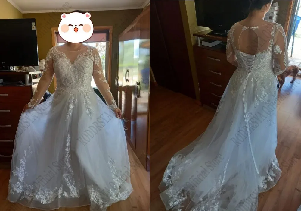 RODDRSYA Elegant O-Neck Wedding Dress Lace Up A-Line Applique Tulle Long Sleeves Beach Bride Gowns vestidos de novia Customized