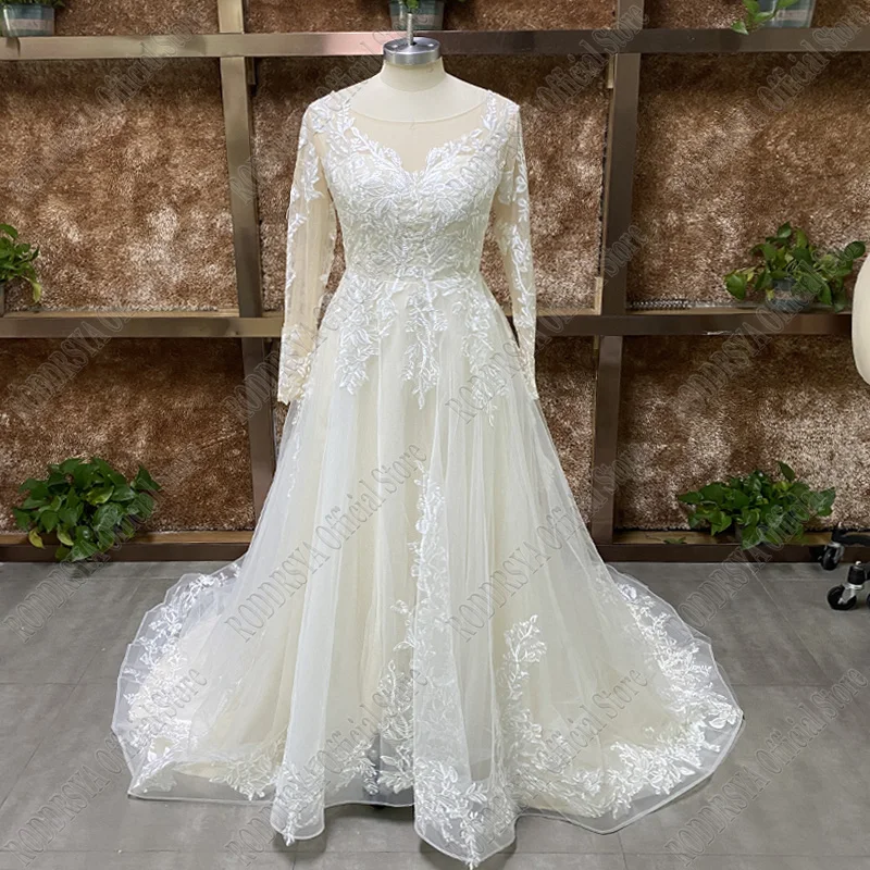 RODDRSYA Elegant O-Neck Wedding Dress Lace Up A-Line Applique Tulle Long Sleeves Beach Bride Gowns vestidos de novia Customized