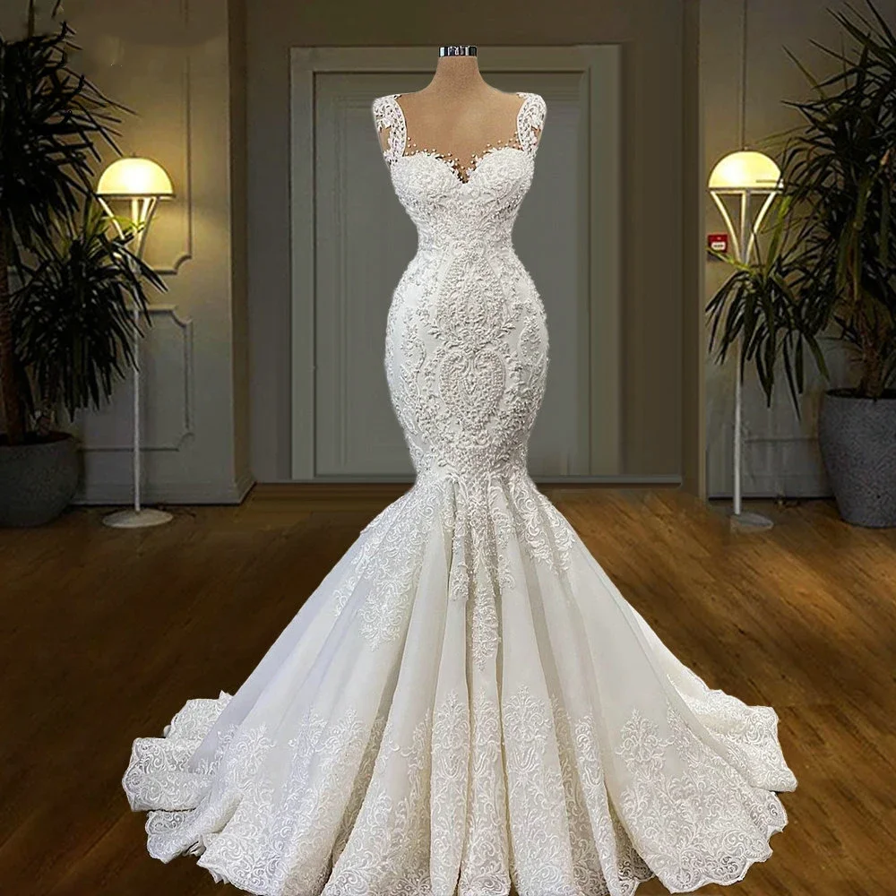 Flavinke Customized Scoop Neck Mermaid Wedding Dresses Sleeveless Beaded Lace Appliques Bridal Court Train vestidos de novia