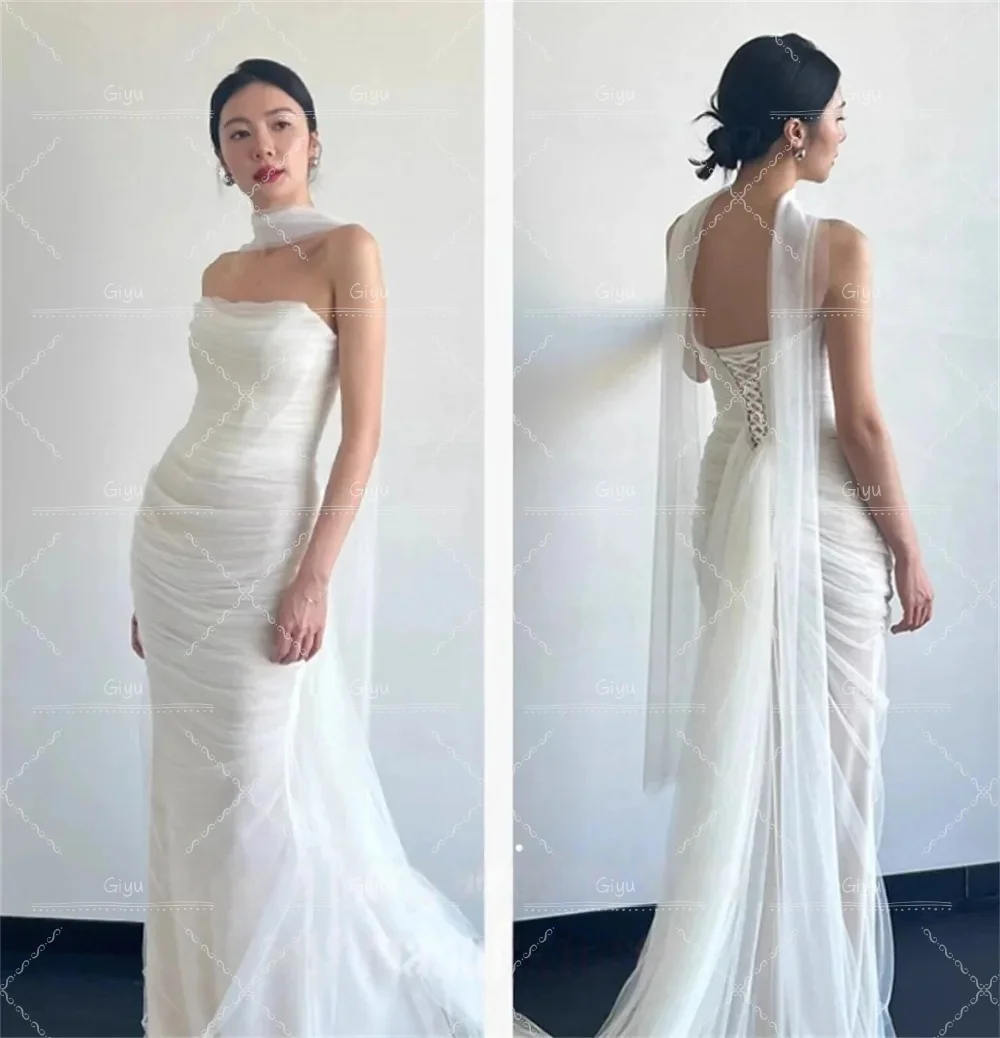 Giyu Strapless Tulle Korea Elegant Wedding Dress Customized Bride Dress Mermaid Ruched Corset Ivory Wedding Gown Bridal