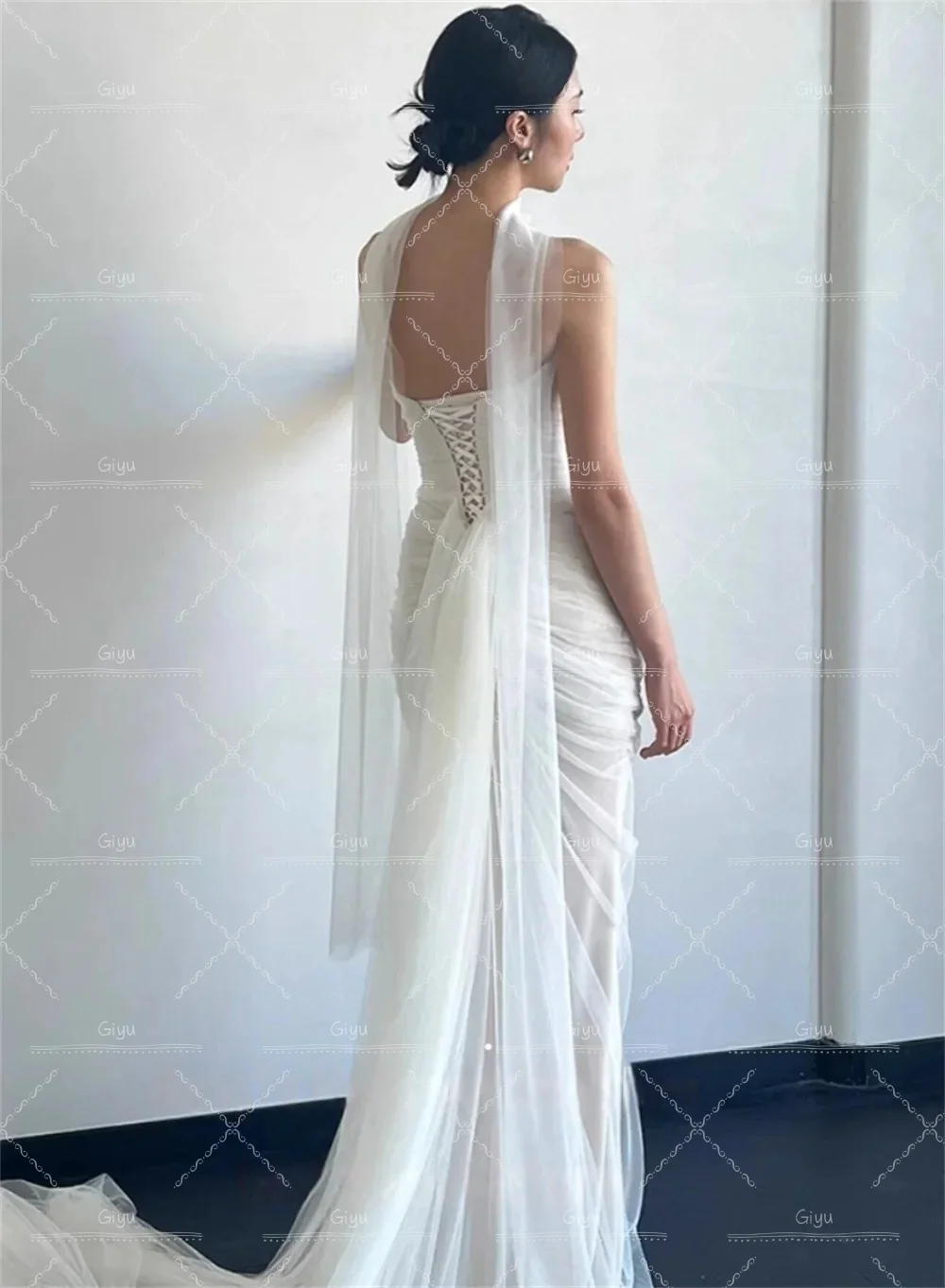 Giyu Strapless Tulle Korea Elegant Wedding Dress Customized Bride Dress Mermaid Ruched Corset Ivory Wedding Gown Bridal
