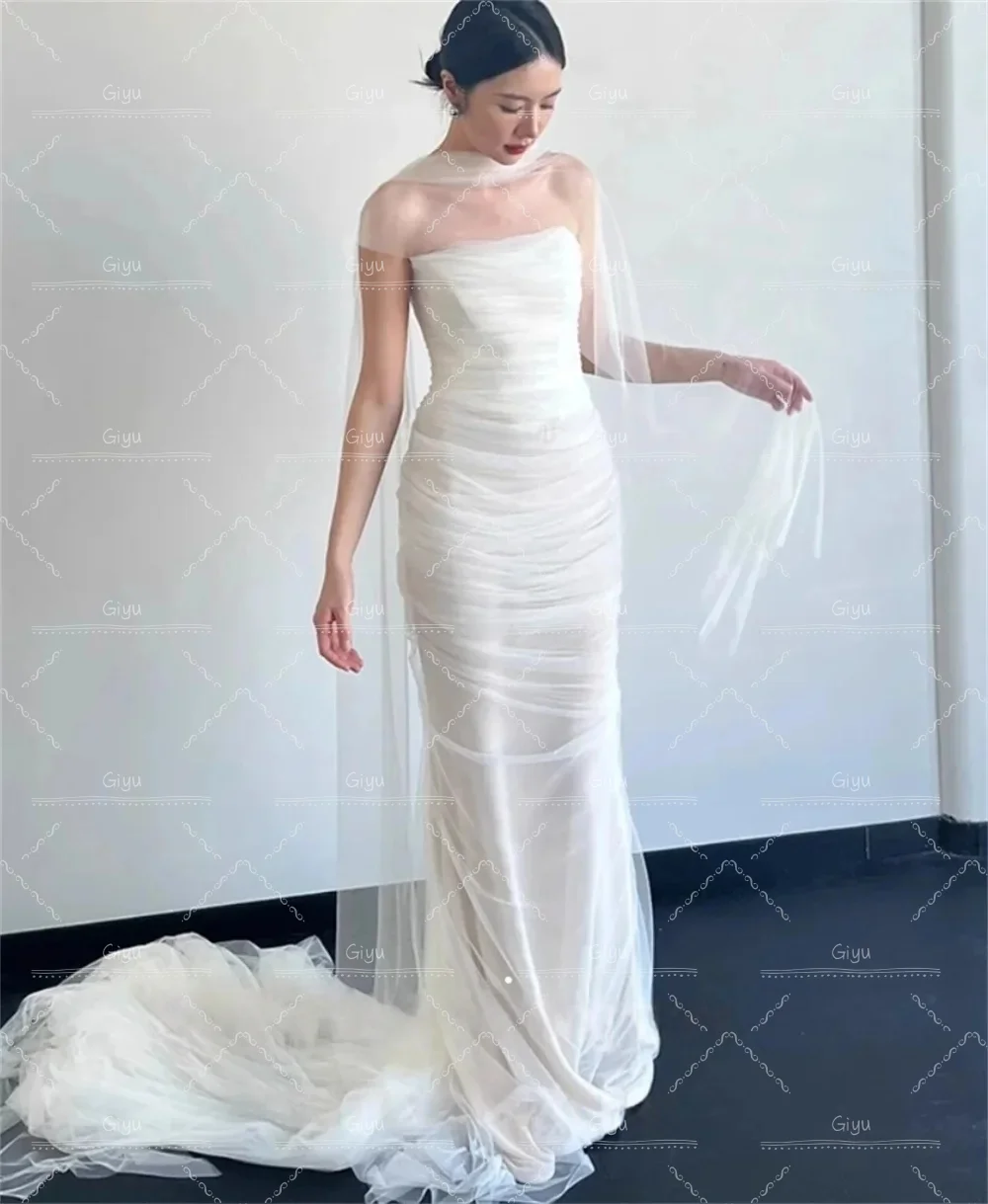 Giyu Strapless Tulle Korea Elegant Wedding Dress Customized Bride Dress Mermaid Ruched Corset Ivory Wedding Gown Bridal