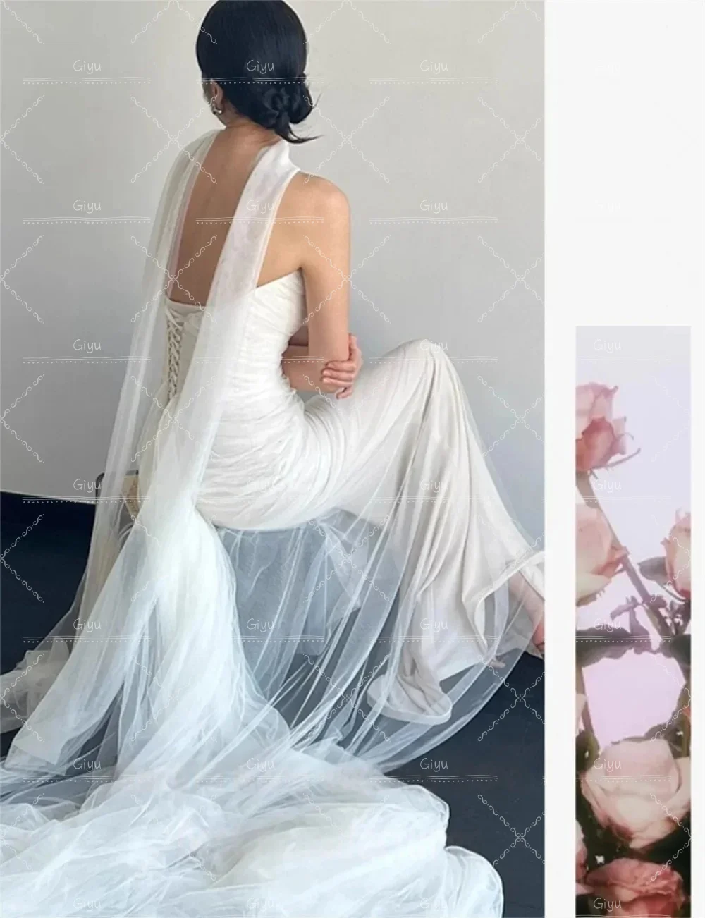 Giyu Strapless Tulle Korea Elegant Wedding Dress Customized Bride Dress Mermaid Ruched Corset Ivory Wedding Gown Bridal