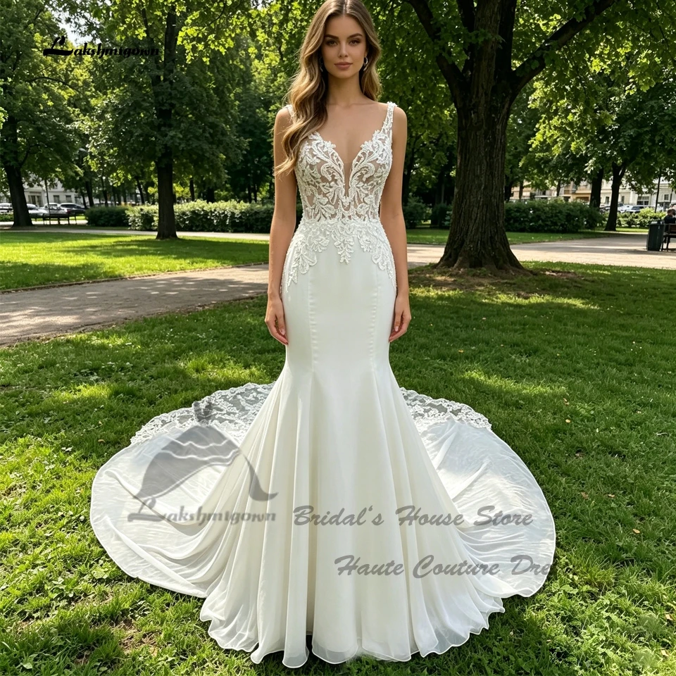 Lakshmigown Civil Lace Boho Mermaid Wedding Dresses 2026 V Neck Sexy Bridal Gowns Chiffon Beading Spaghetti Straps Customized