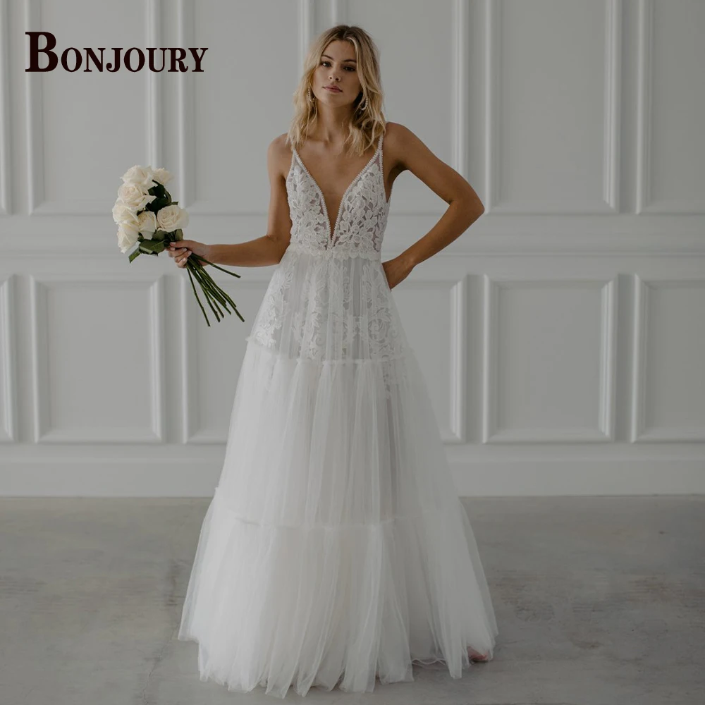 BONJOURY Glamorous Backless Wedding Dresses for Woman Bridal V-neck Spaghetti Straps Mermaid Vestido de Novia Customized