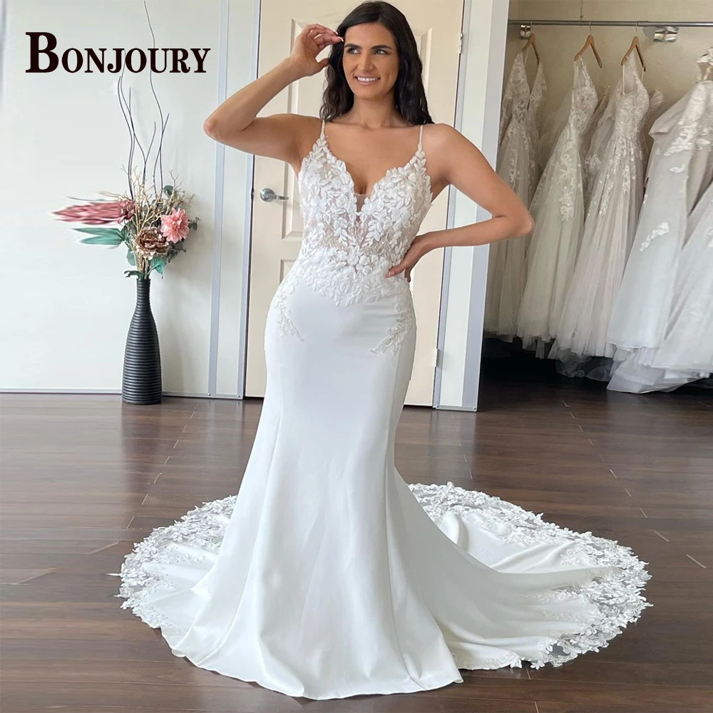 BONJOURY Glamorous Backless Wedding Dresses for Woman Bridal V-neck Spaghetti Straps Mermaid Vestido de Novia Customized