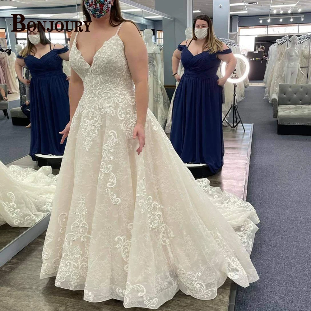 BONJOURY Glamorous Backless Wedding Dresses for Woman Bridal V-neck Spaghetti Straps Mermaid Vestido de Novia Customized