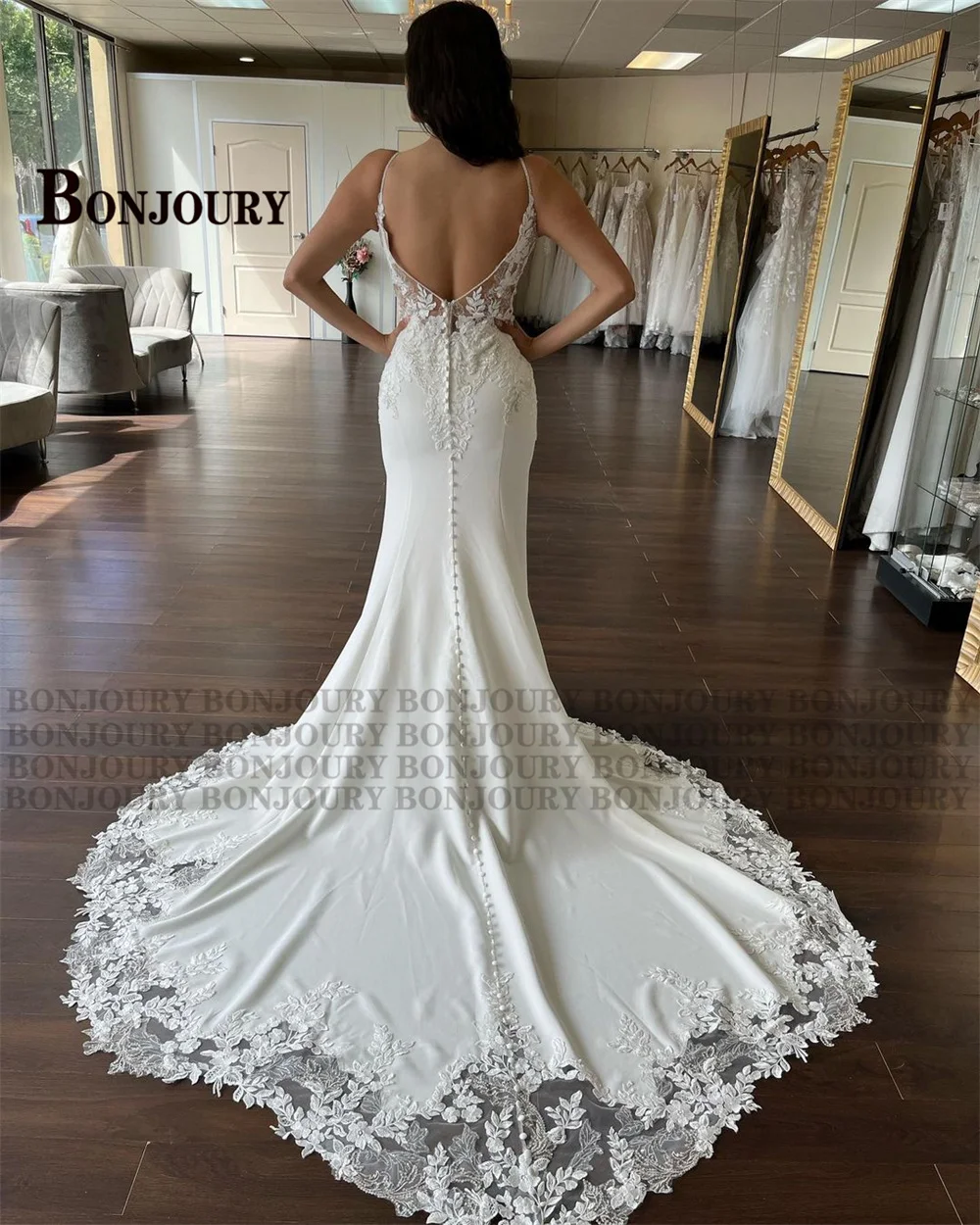 BONJOURY Glamorous Backless Wedding Dresses for Woman Bridal V-neck Spaghetti Straps Mermaid Vestido de Novia Customized