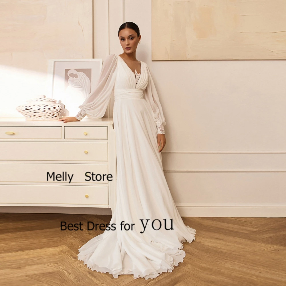 Exquisite Ivory Wedding Dresses A Line Bridal Gowns Court Train Full Sleeve New Vestido De Novia Simple Chiffon Robe De Summer