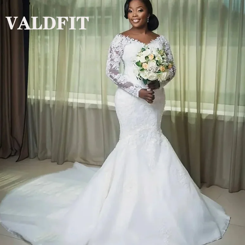Valdfit Customized Off Shoulder Long Sleeves White African Mermaid Wedding Dress Lace Up Plus Size Bridal Gowns vestido de novia