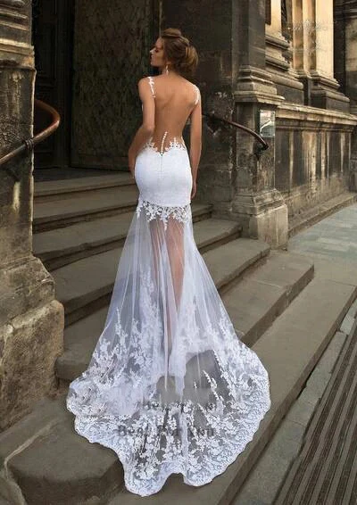 Modern Short Mermaid Wedding Dress with Detachable Train Three Pieces 3 in 1 Lace Applique Sheer Neck Backless Bridal Gowns 2025