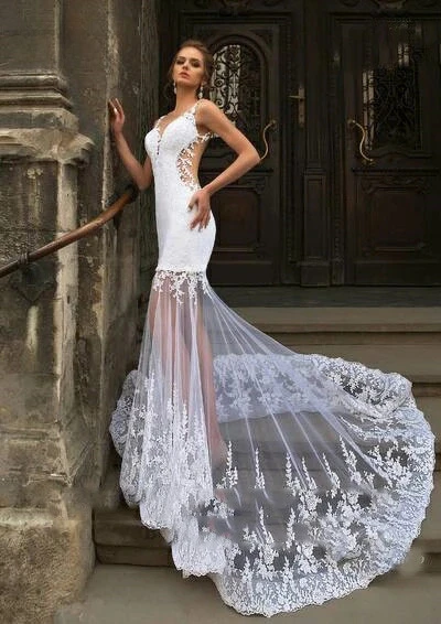 Modern Short Mermaid Wedding Dress with Detachable Train Three Pieces 3 in 1 Lace Applique Sheer Neck Backless Bridal Gowns 2025