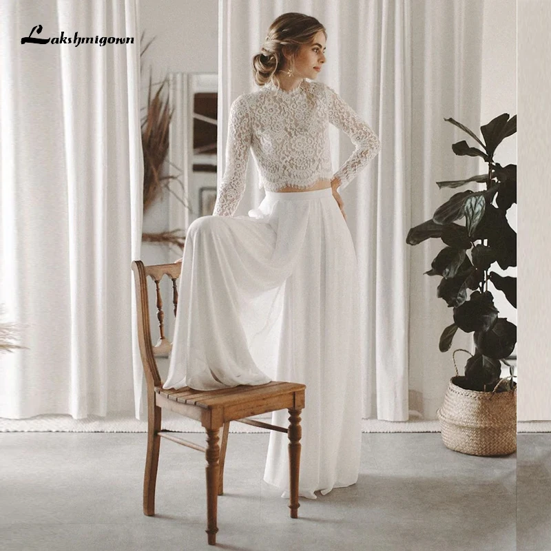 Boho Simple High Neck Sexy Backless Button Lace Short Top Jumpsuit Wedding Dresses Chiffon Customized Full Cap Sleeve Vestidos
