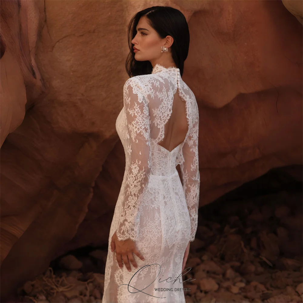 QICHE Luxury Lace Long Sleeves High Collar Mermaid Wedding Dress High Side Split Open Back Vestidos De Novia Women Customized