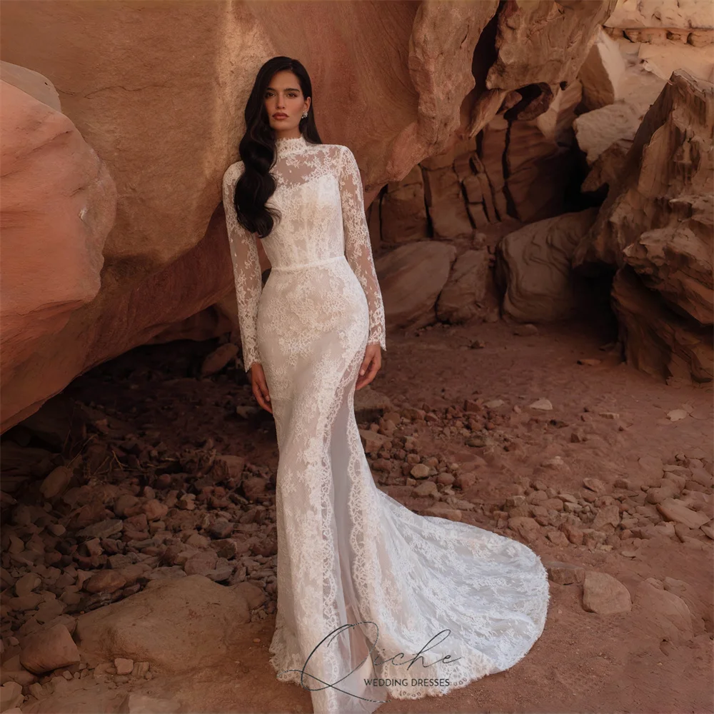 QICHE Luxury Lace Long Sleeves High Collar Mermaid Wedding Dress High Side Split Open Back Vestidos De Novia Women Customized