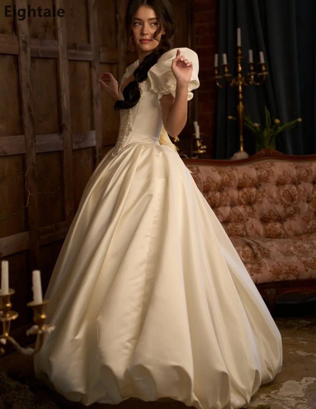 Eightale Luxury Ball Gown Puffed Sleeve Ivory Satin Wedding Dress Lace Beaded Bodice Bridal Gowns Robe De Mariage Customized