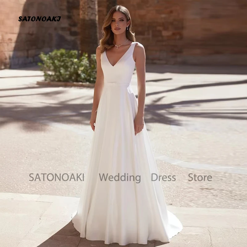Customized Simple Satin V-neck Wedding Dress for Bride Backless A-line Princess Bridal Gown with Sashes Robe Vestidos De Novia