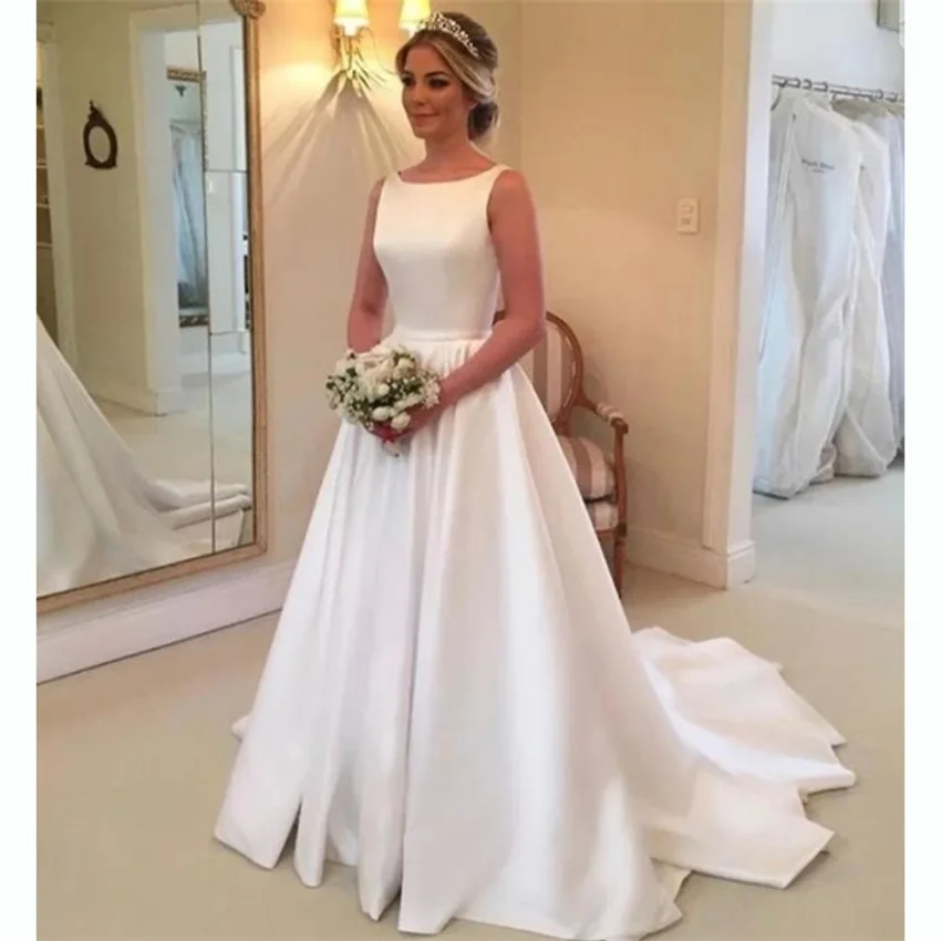 Sexy White Scoop Wedding Dresses Simple Backless Bride Dress vestidos de novia Satin Wedding Evening Gowns свадебное платье