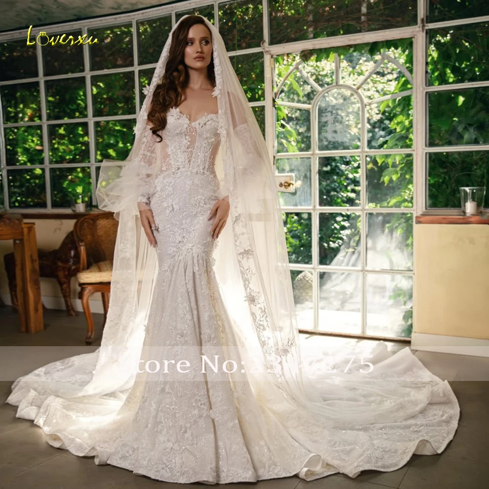 Loverxu Mermaid Wedding Dresses Strapless Detachable Sleeve Vestido De Novia Lace Embroidery Glamorous Custom Made Bridal Gown