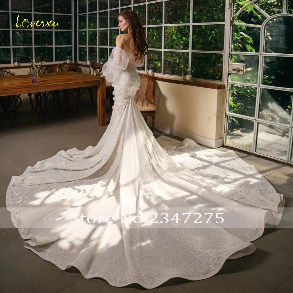 Loverxu Mermaid Wedding Dresses Strapless Detachable Sleeve Vestido De Novia Lace Embroidery Glamorous Custom Made Bridal Gown