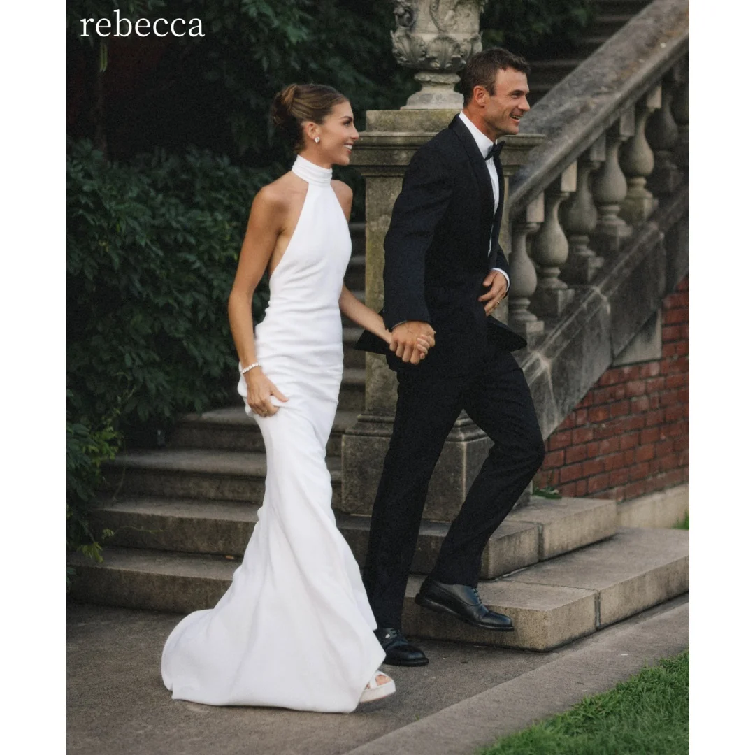 Rebecca Customized Halter Neck Plain Fabric Prom Dress Mermaid vestidos de noche Floor-Length Sleeveless Evening Dresses 2026