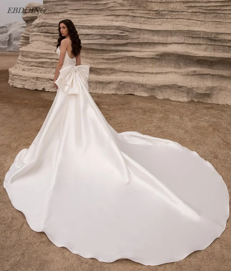 EBDOING Wedding Dress Mermaid Satin 2 in 1 Boat Neck Sleeveless WIth Big Bow Detachable Train Customized Bride Gowns