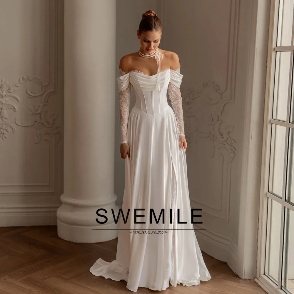 SWEMILE Modern Wedding Dresses for Woman Off-Shoulder Lace Sleeves A-line Pleating Zipper Robes De Soirée Plus Size Customized