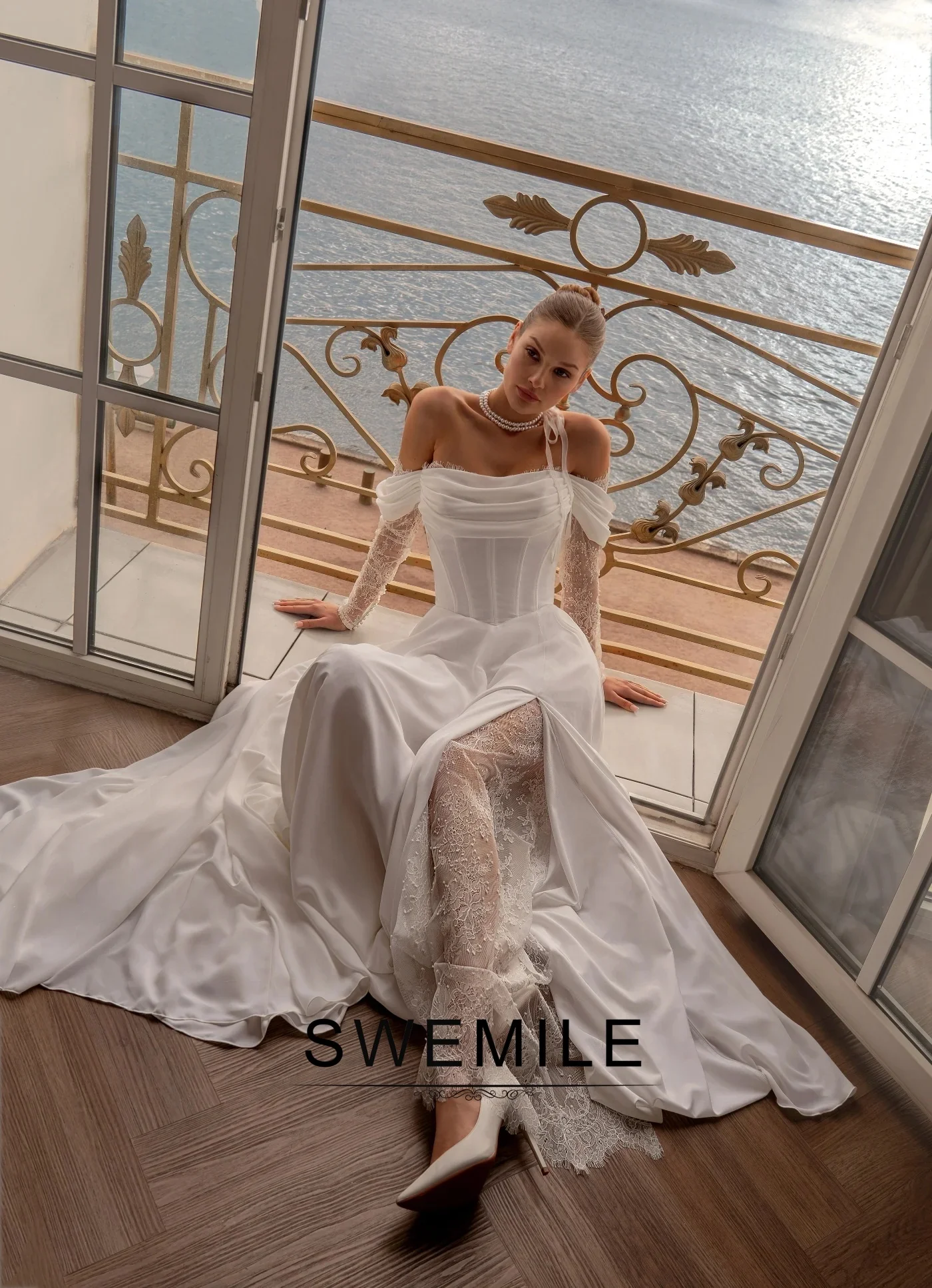 SWEMILE Modern Wedding Dresses for Woman Off-Shoulder Lace Sleeves A-line Pleating Zipper Robes De Soirée Plus Size Customized