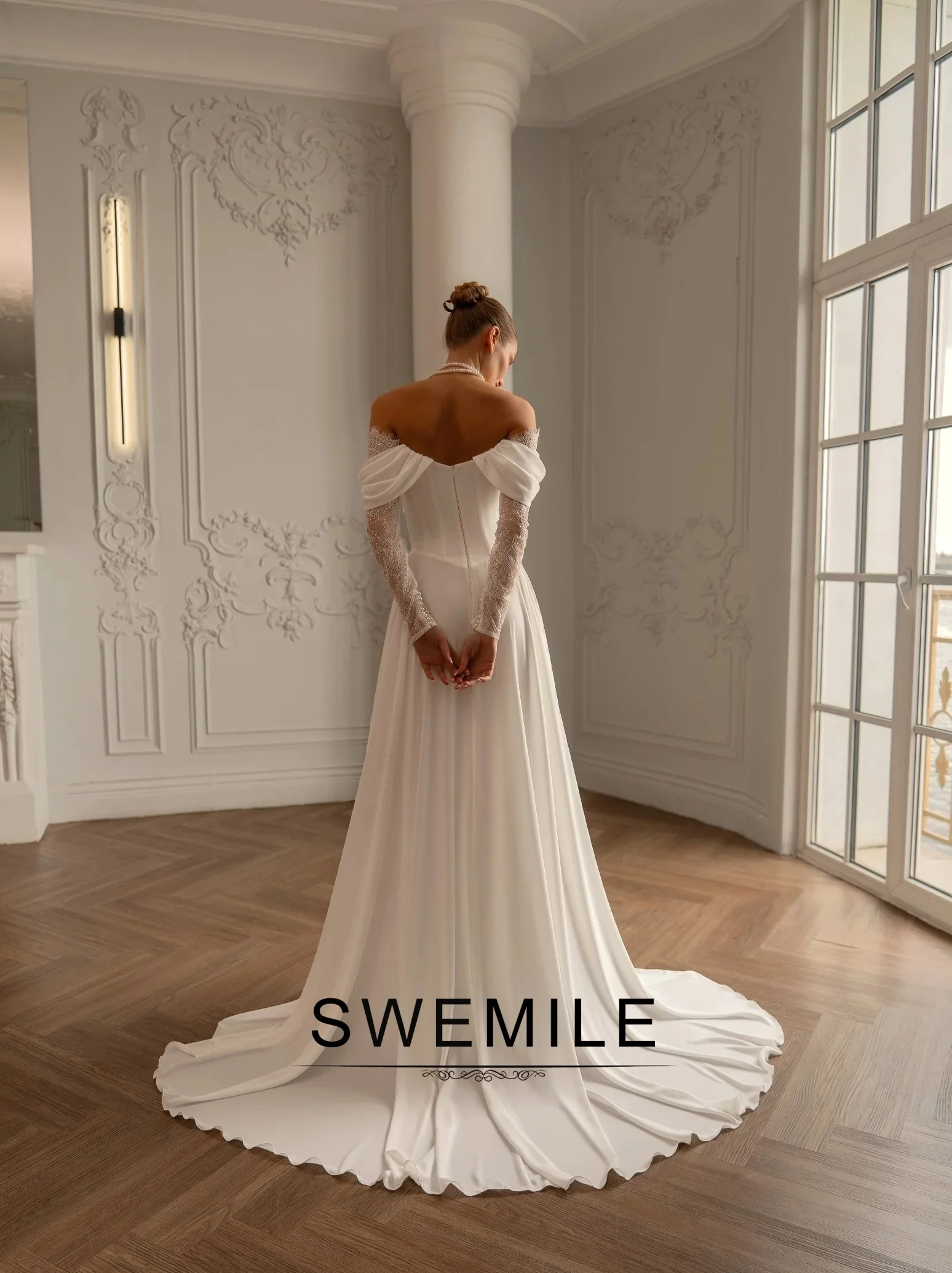 SWEMILE Modern Wedding Dresses for Woman Off-Shoulder Lace Sleeves A-line Pleating Zipper Robes De Soirée Plus Size Customized