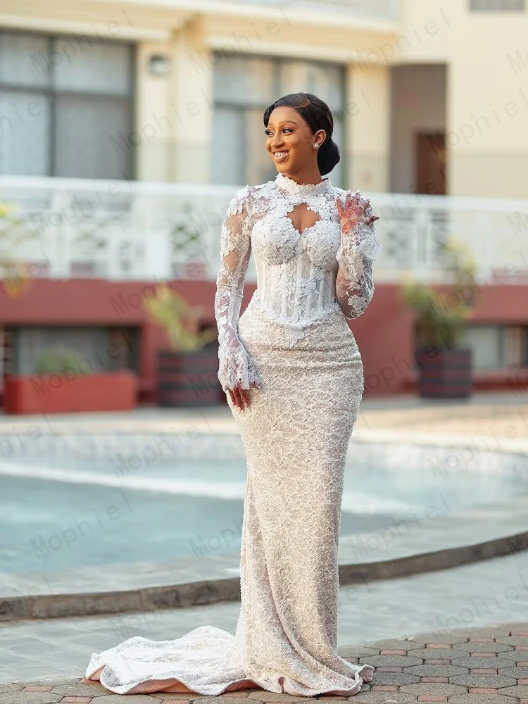 Luxurious Wedding Dresses High Neck Long Sleeve Africa Lace Bride Dress Beading Mermaid Bridal Gown Vestido De Novia Customized