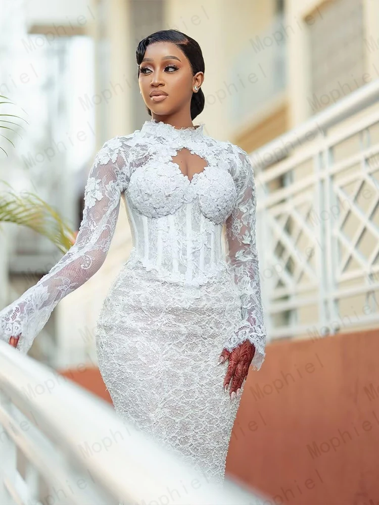 Luxurious Wedding Dresses High Neck Long Sleeve Africa Lace Bride Dress Beading Mermaid Bridal Gown Vestido De Novia Customized