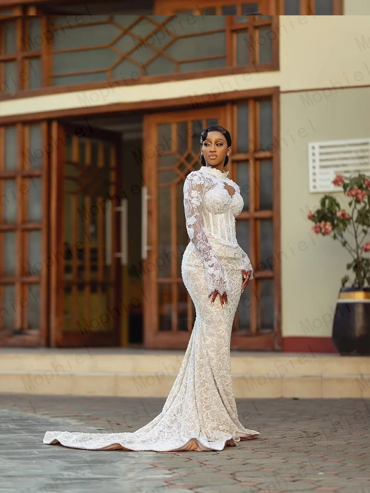 Luxurious Wedding Dresses High Neck Long Sleeve Africa Lace Bride Dress Beading Mermaid Bridal Gown Vestido De Novia Customized