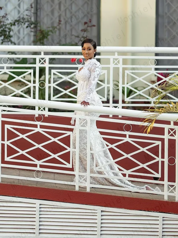 Luxurious Wedding Dresses High Neck Long Sleeve Africa Lace Bride Dress Beading Mermaid Bridal Gown Vestido De Novia Customized