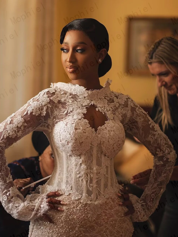 Luxurious Wedding Dresses High Neck Long Sleeve Africa Lace Bride Dress Beading Mermaid Bridal Gown Vestido De Novia Customized